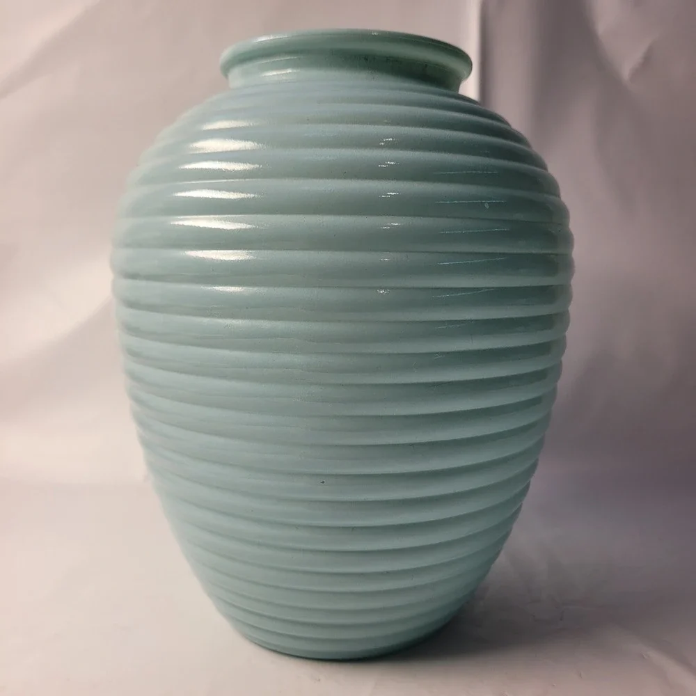 Christopher Stuart Ribbed Ceramic Vase‎ Blue Portugal Beehive Texture MCM Style